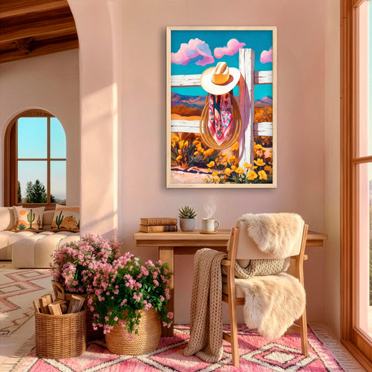 Western cowboy hat art print styled in a ranch-style living space with natural textures and desert warmth.