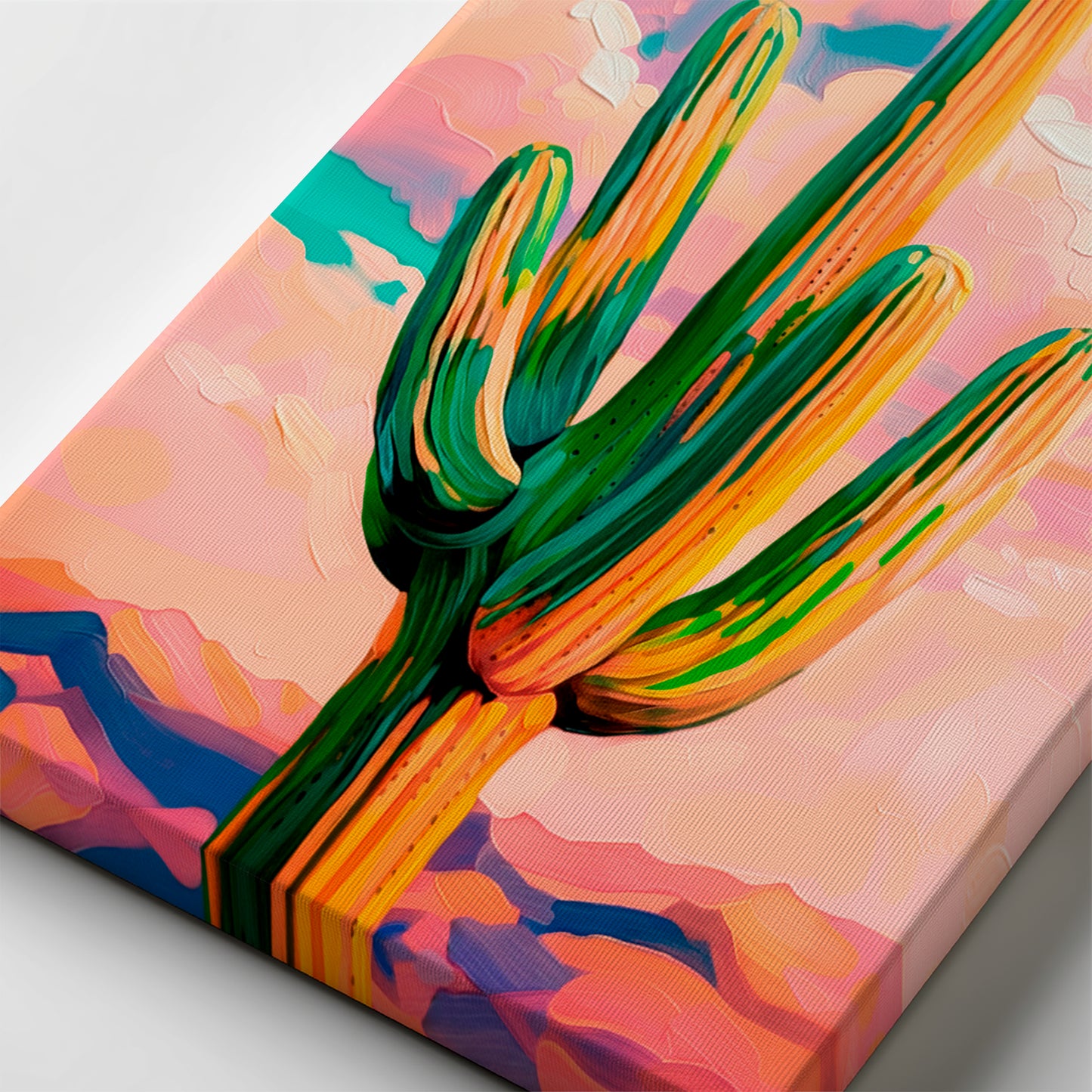 Closeup of colorful cactus wall art on canvas showing texture and painterly detail