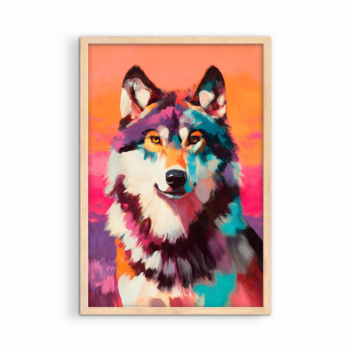 Colorful wolf artwork in natural wood frame, warm rustic western decor with vibrant contemporary style
