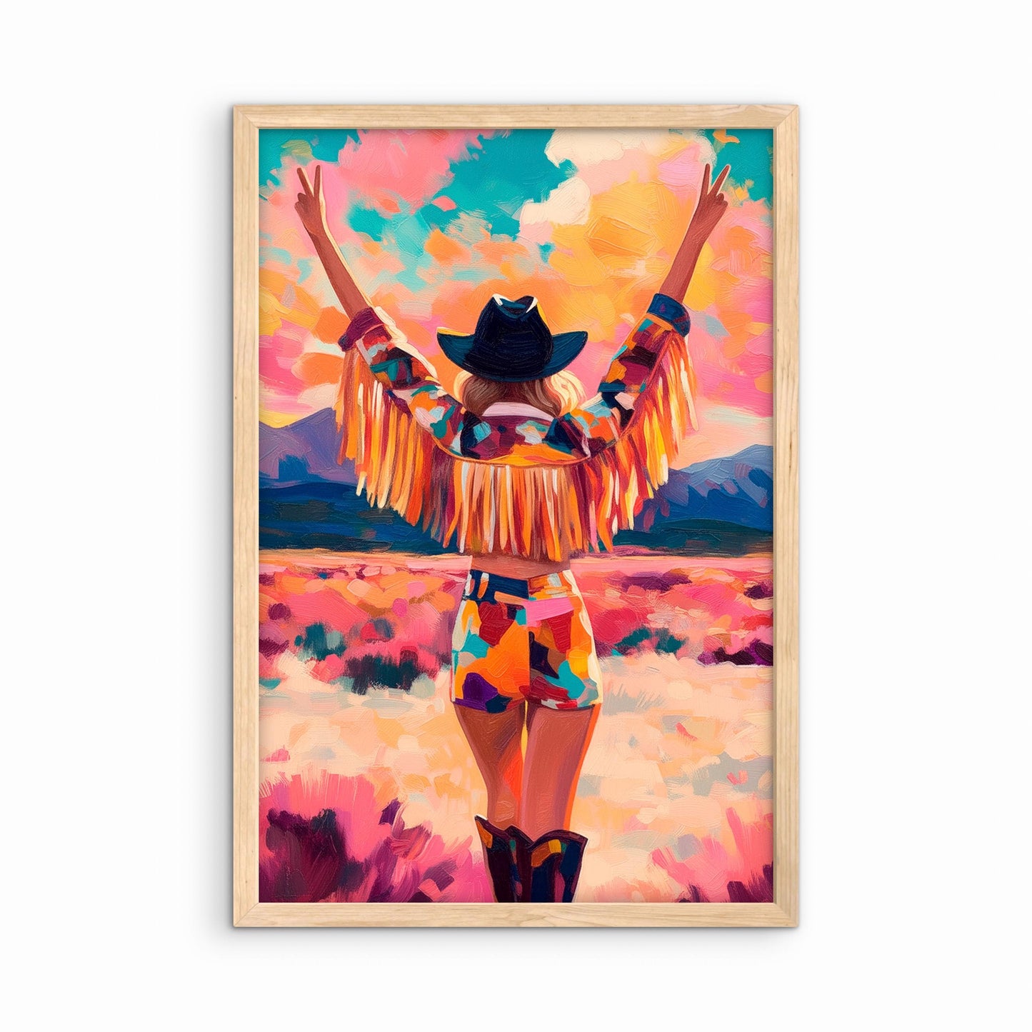Colorful cowgirl western wall art in natural wood frame, modern western home decor artwork