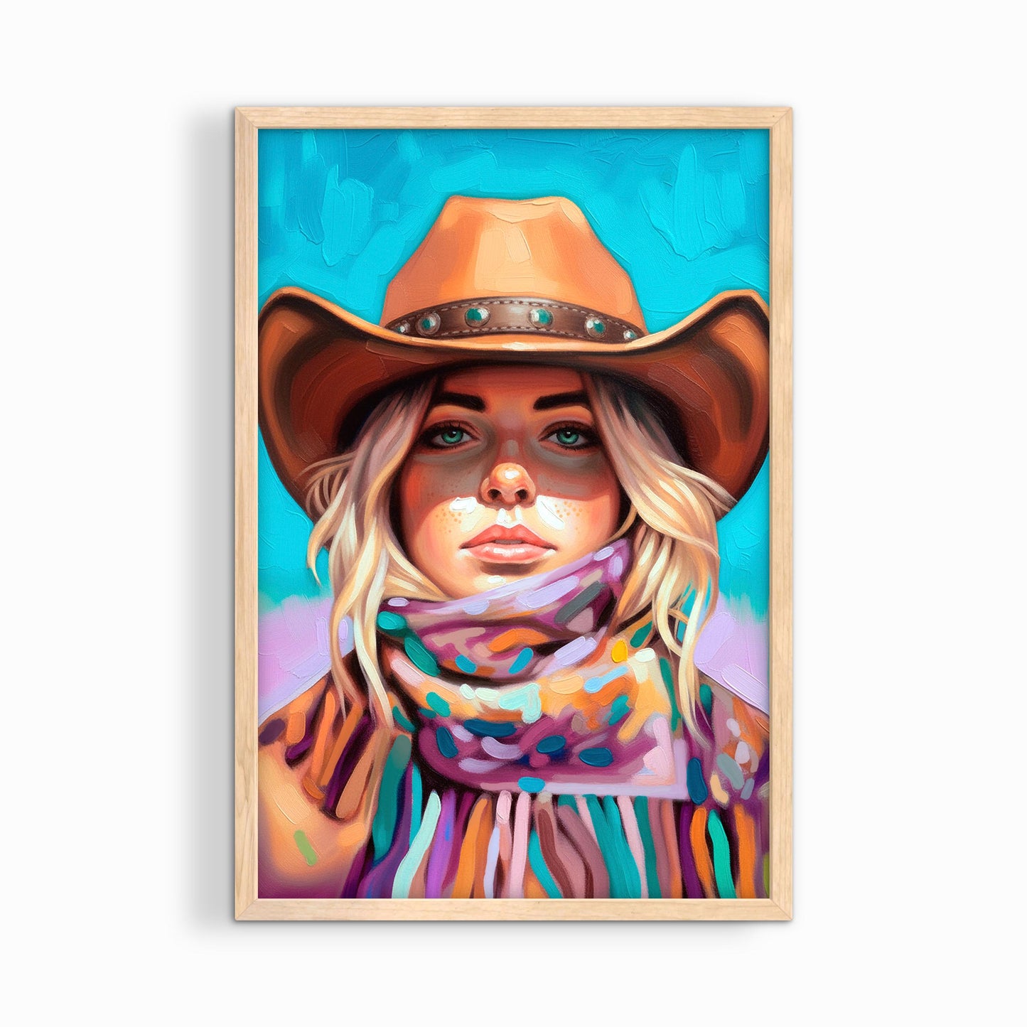 Colorful cowgirl portrait in natural wood frame, western woman wall art for warm rustic home decor