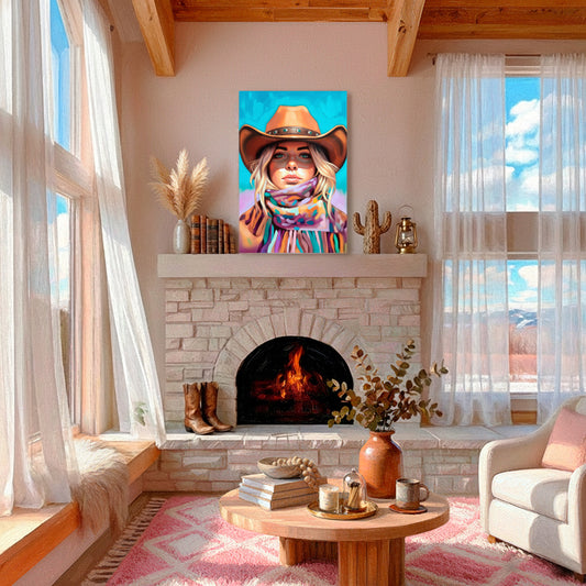 Colorful western cowgirl portrait styled above a fireplace, feminine western decor with bold turquoise background
