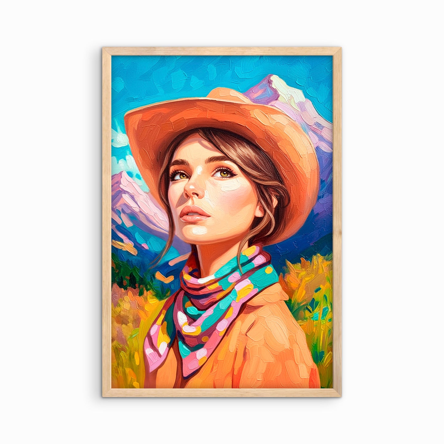 Western cowgirl artwork in natural wood frame on white background, colorful desert portrait wall decor