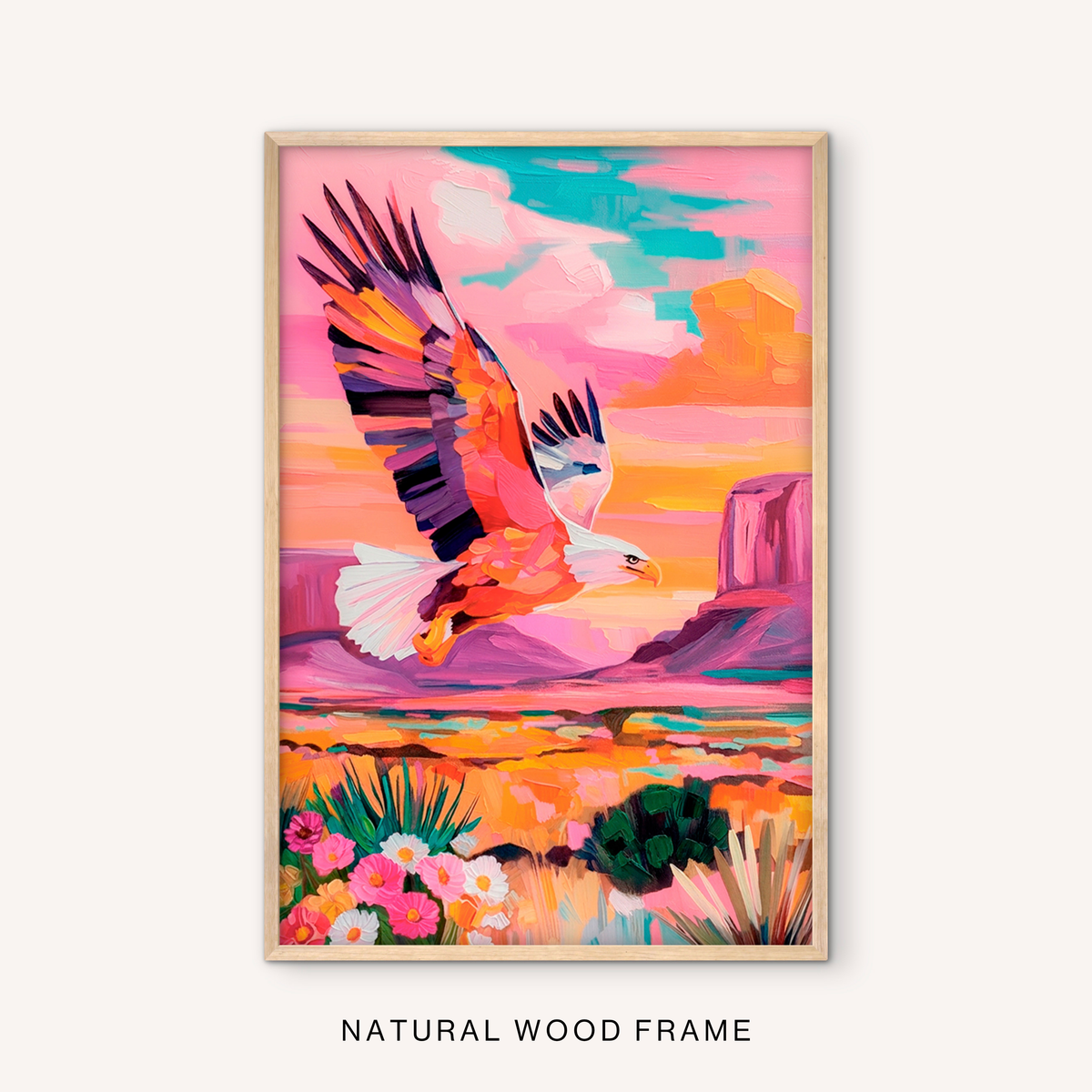 Desert bird wall art in a natural wood frame with a southwest eagle, colorful mesa landscape, pink sky, and wildflower details.