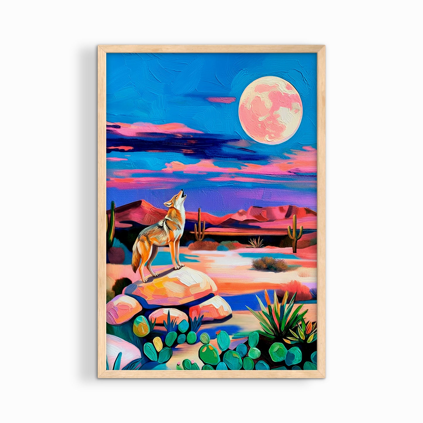 Southwest desert coyote artwork framed in natural wood frame