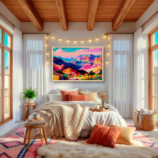 Colorful desert wall art styled above a bed in a cozy boho western bedroom with soft neutral textures
