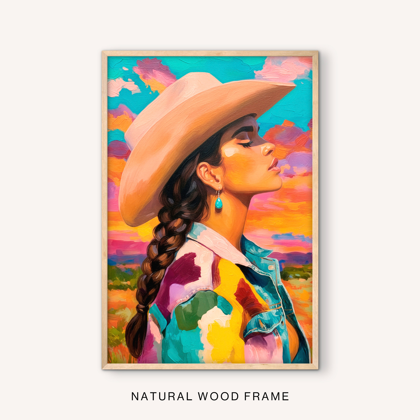 Feminine western wall art in a natural wood frame with a colorful cowgirl profile portrait, braided hair, turquoise jewelry, and bright desert sunset colors.