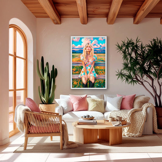 Colorful cowgirl western wall art displayed in a bright living room with cactus plants and modern southwestern decor.