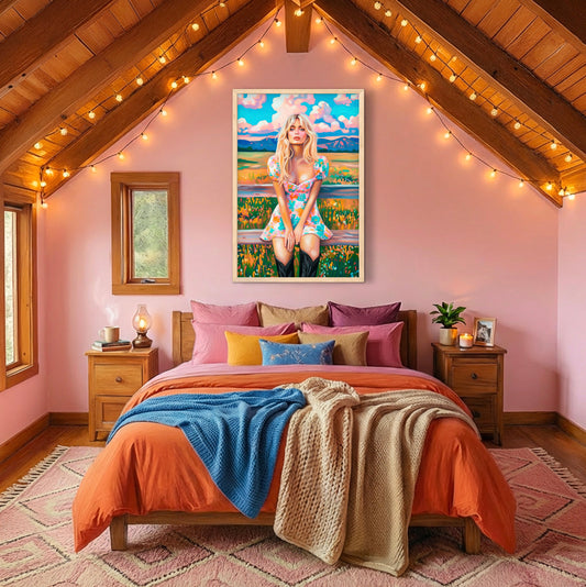 Western cowgirl artwork displayed above a bed in a warm pink bedroom with rustic wooden beams and cozy boho decor.