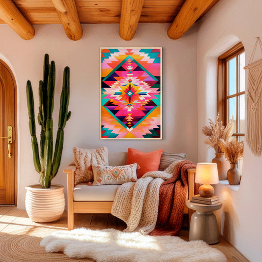 Colorful abstract geometric wall art in southwestern living room with cactus and neutral decor