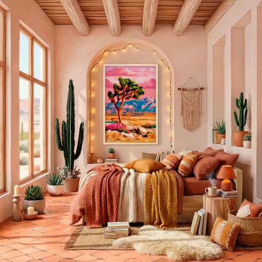 Joshua Tree desert wall art print styled in a warm southwestern bedroom with cactus decor and neutral tones