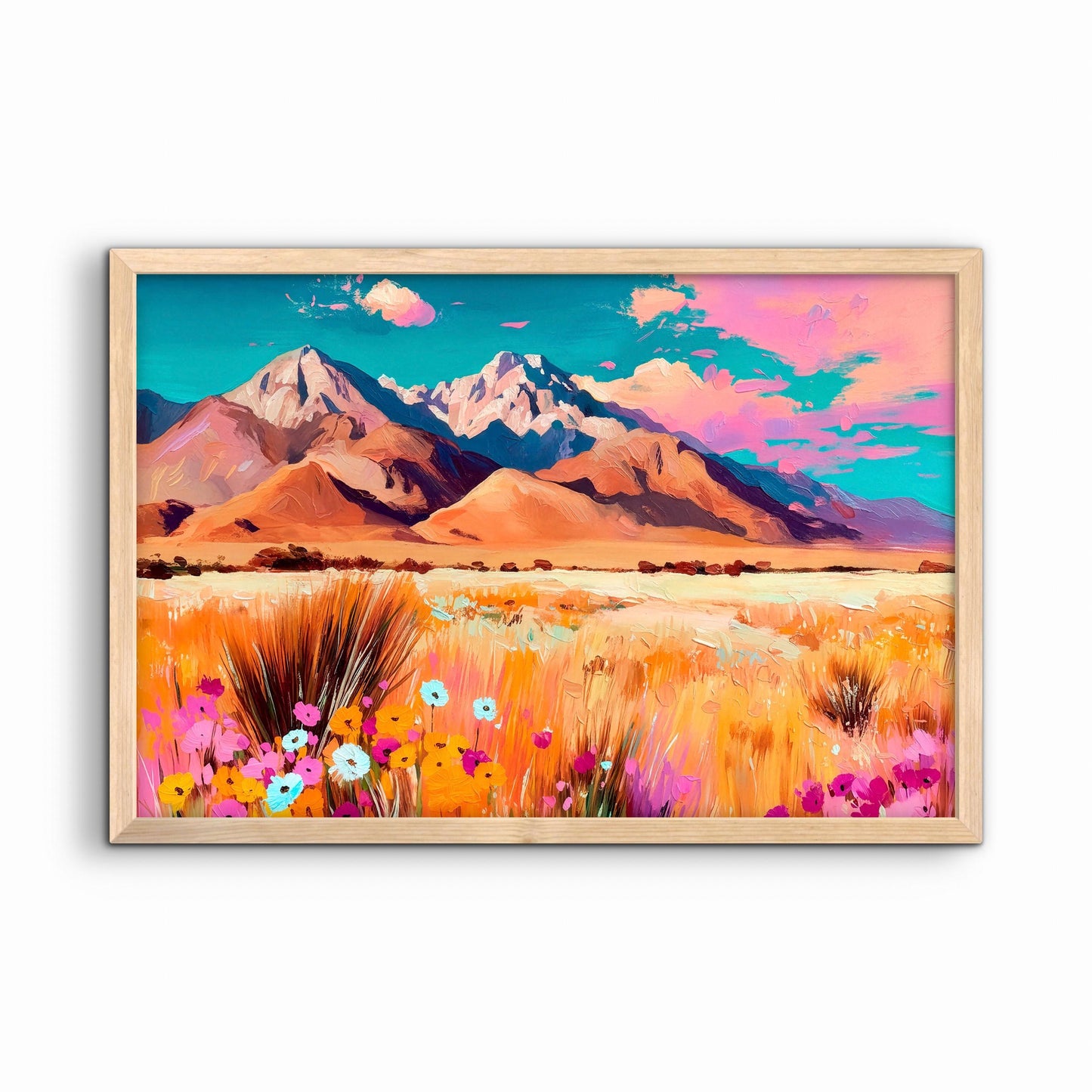 Western landscape art print in natural wood frame featuring mountains and wildflowers