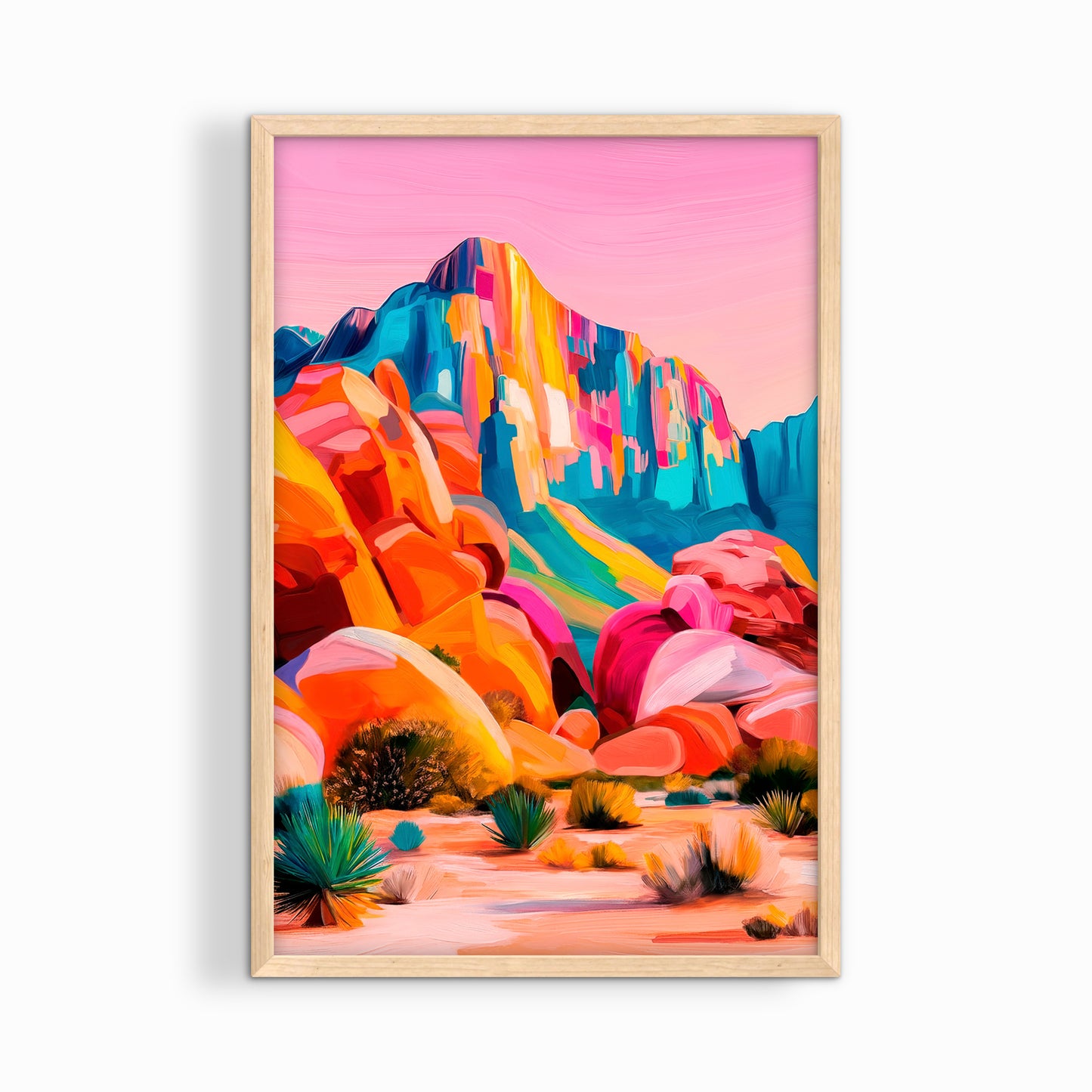 Natural wood framed desert canyon art print with vibrant pastel landscape and modern western style