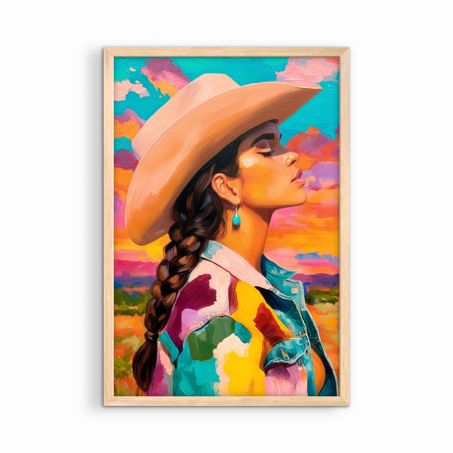 Western cowgirl wall art in natural wood frame on white background, colorful desert-inspired portrait print