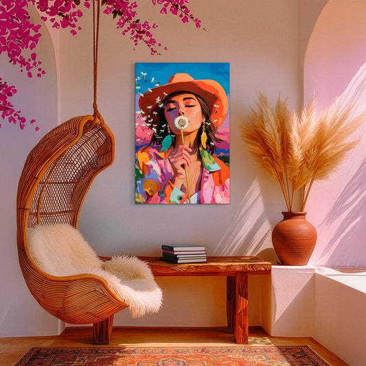 Western cowgirl wall art styled in bright neutral room with woven chair and soft natural light, boho desert home decor