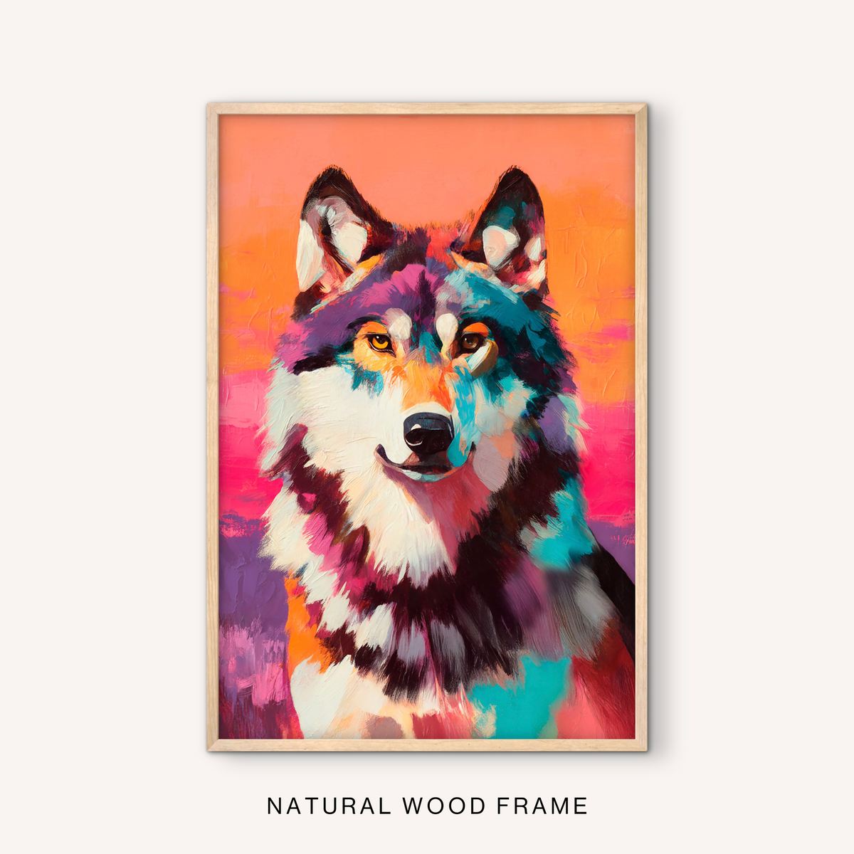 Southwest wildlife wall art in a natural wood frame with a colorful wolf portrait, orange pink sky, turquoise accents, and western animal artwork.