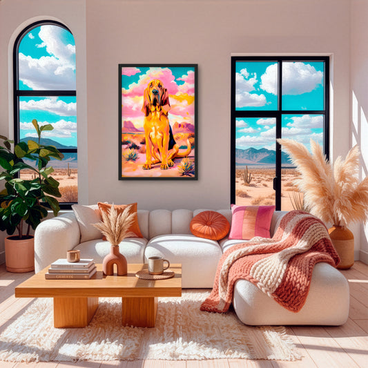 Colorful bloodhound dog western wall art styled in a cozy boho interior with warm neutral decor.