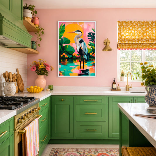 Tropical bird art print styled in a colorful kitchen with green cabinets and pink walls