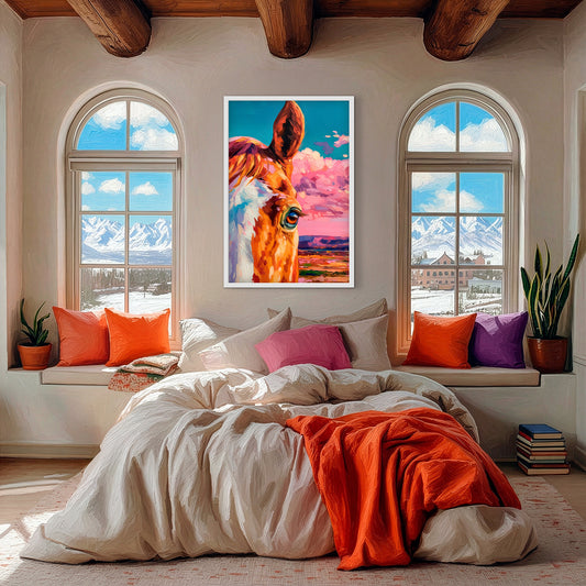 Western horse art print styled in bright boho bedroom decor