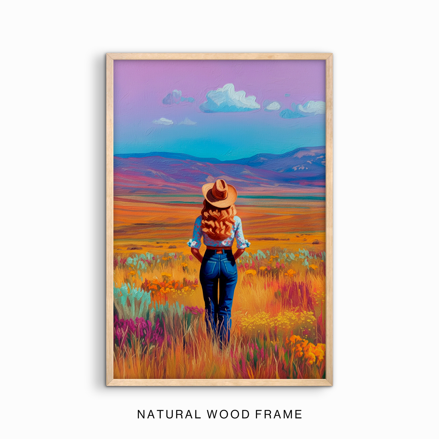 Colorful western landscape art print in a natural wood frame.