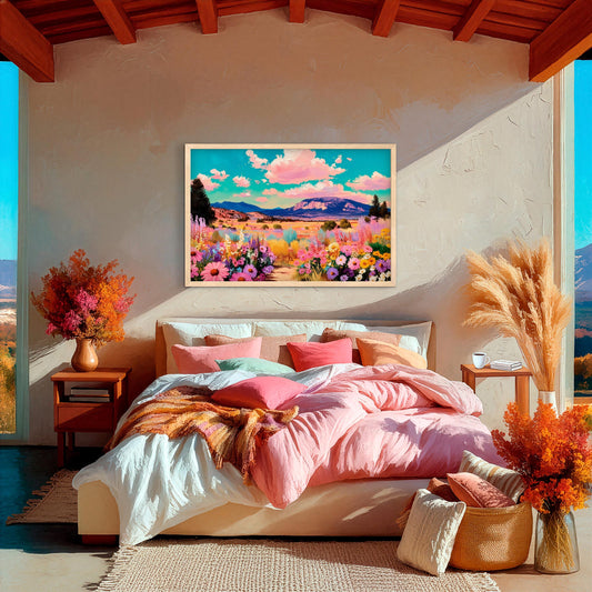 Framed colorful western landscape painting above a cozy bed with pink bedding in a warm sunlit southwestern style bedroom
