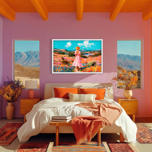 Framed colorful western wall art above a bed in a pink-toned bedroom, featuring a woman in a dress walking through a vibrant countryside landscape