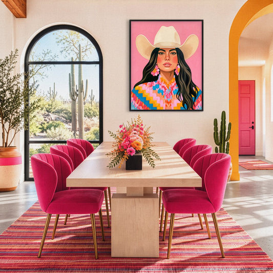 Bright and colorful boho western dining room featuring pink velvet chairs, a natural wood dining table, a multicolored striped rug, and vibrant cowgirl wall art, with an arched window overlooking the Southwestern desert.