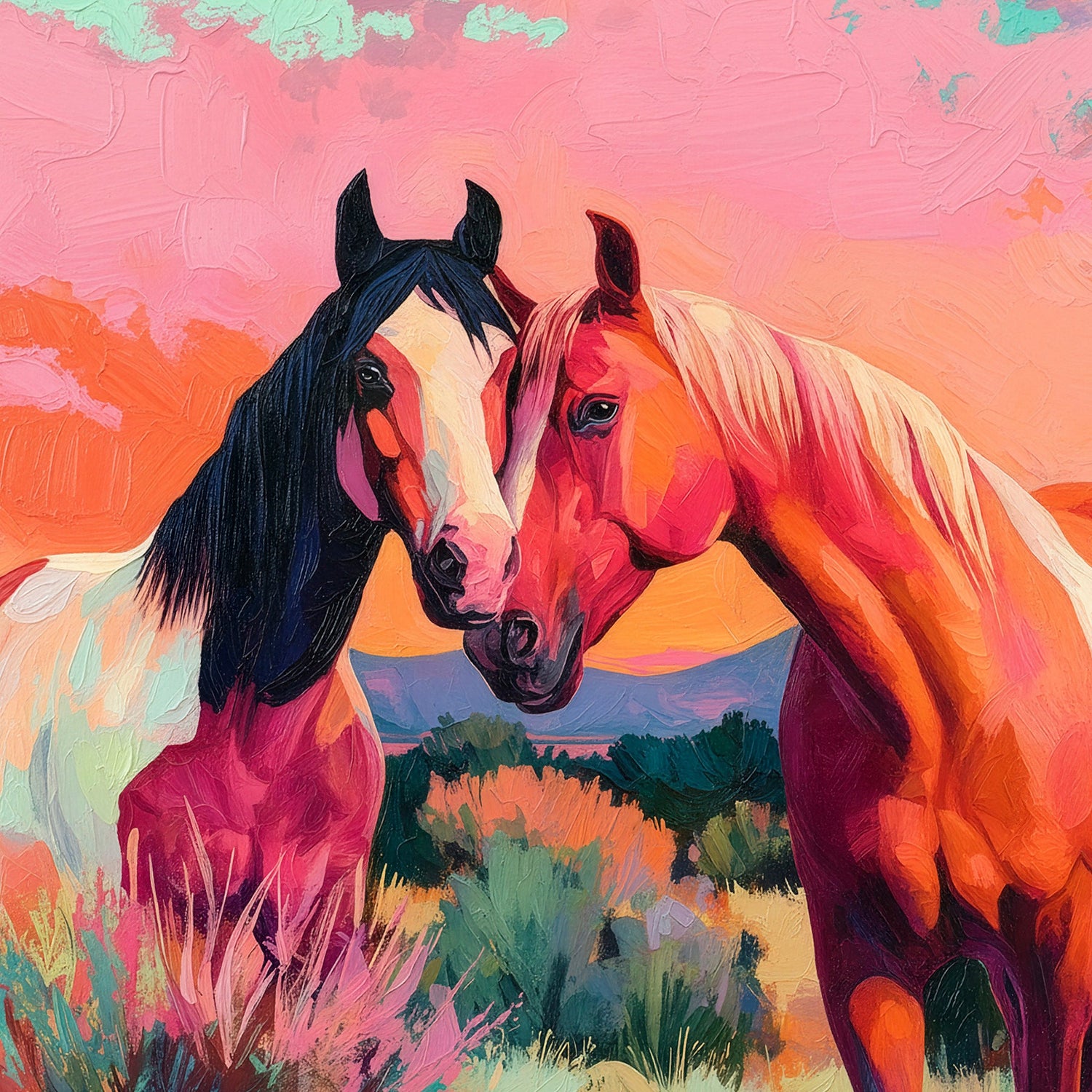 Western horse wall art featuring two horses in a colorful southwestern landscape