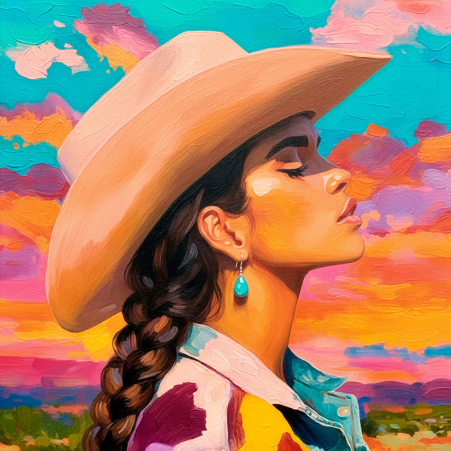 Western cowgirl portrait art with bold color, southwestern sky, and boho western style