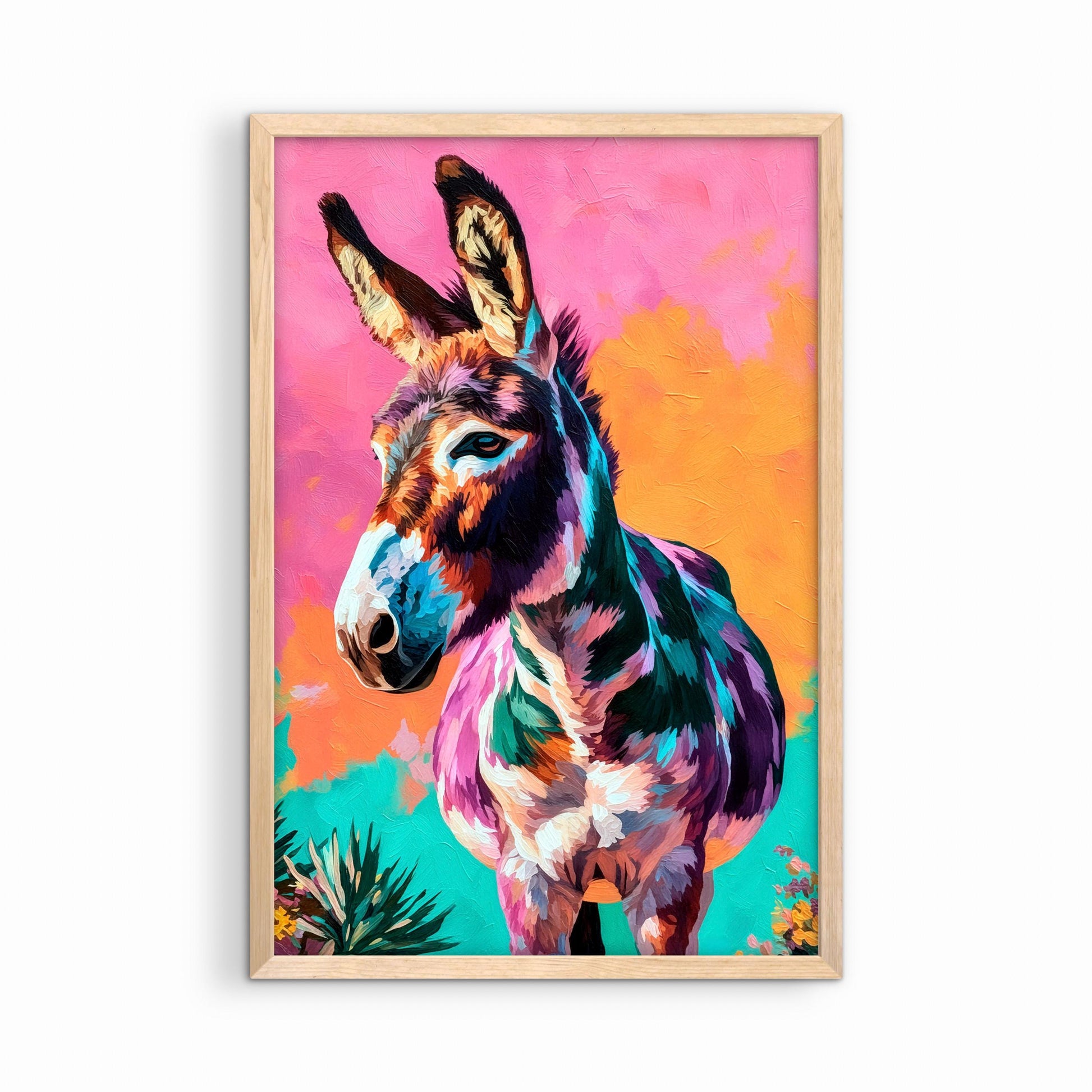 colorful-donkey-wall-art-natural-wood-frame-southwestern-decor