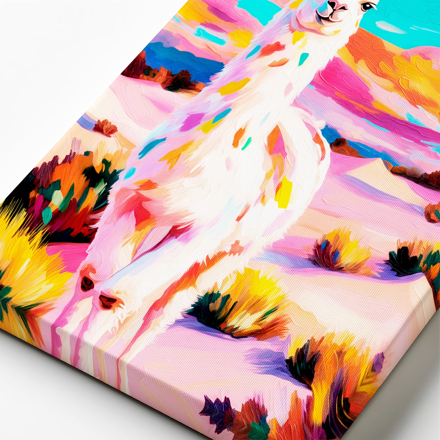 Canvas texture detail of colorful llama desert wall art with painterly brushstrokes