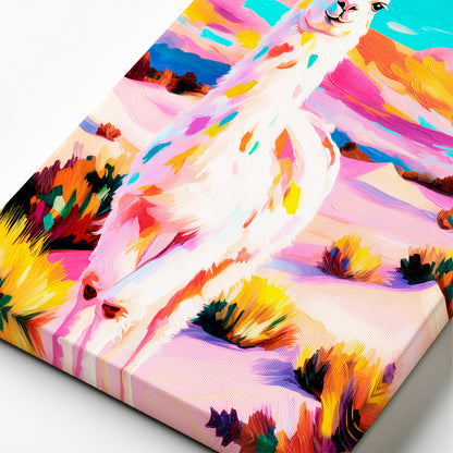 Canvas texture detail of colorful llama desert wall art with painterly brushstrokes