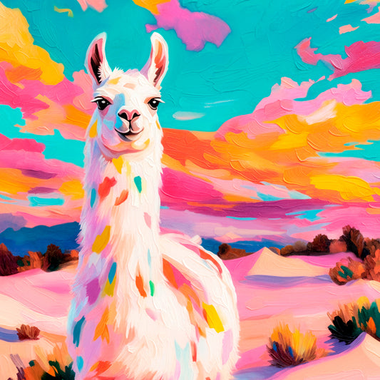 Colorful llama western art close-up with vibrant desert sky and painterly texture