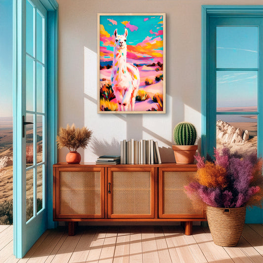 Colorful llama western wall art styled in bright desert modern boho interior