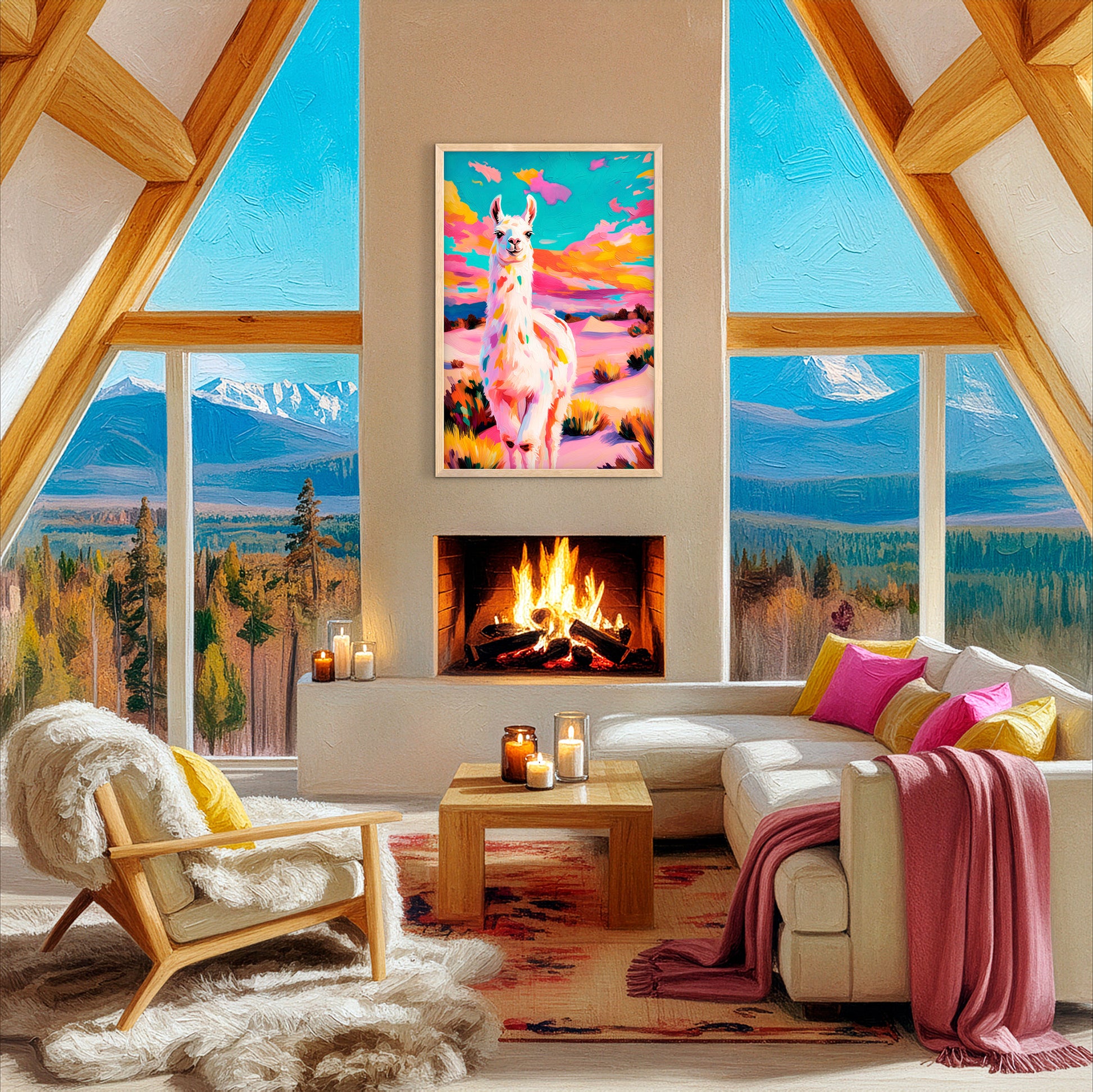 Colorful llama wall art styled in cozy western living room with fireplace and mountain view