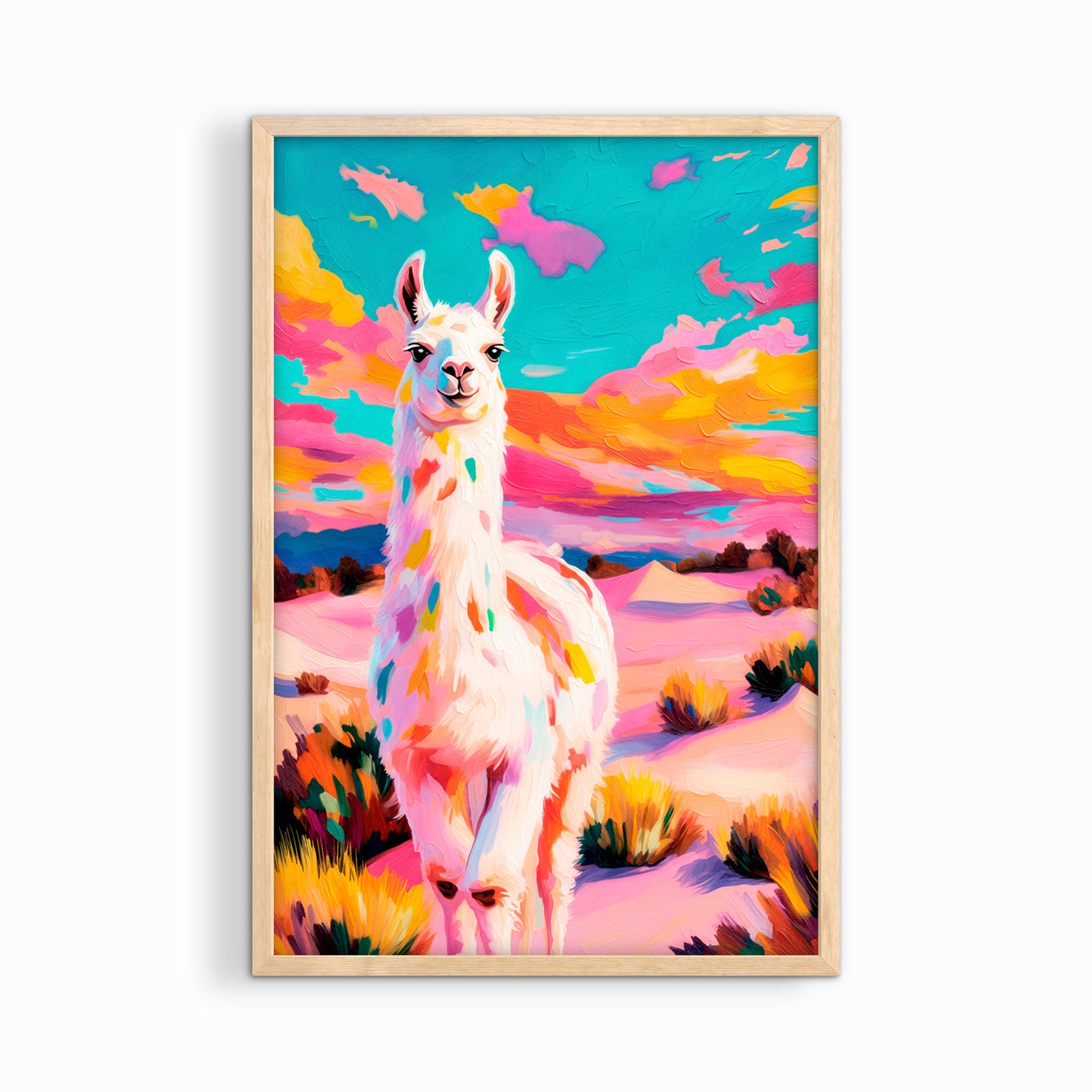 Colorful llama desert wall art framed in natural wood boho southwest home decor