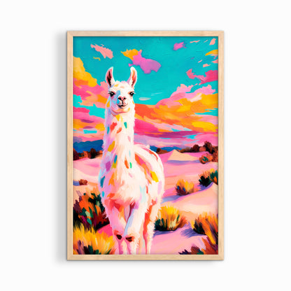 Colorful llama desert wall art framed in natural wood boho southwest home decor