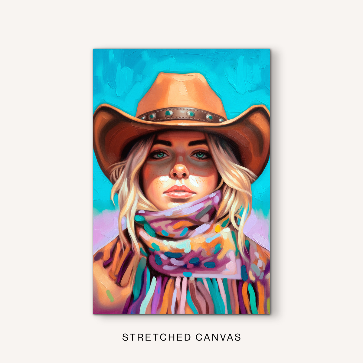 Blonde cowgirl canvas art with boho western style, a statement cowboy hat, colorful scarf, turquoise sky, and feminine ranch decor colors.