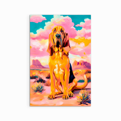 Colorful bloodhound dog portrait art print in desert landscape with pink sky and mesas, modern western wall decor on fine art paper
