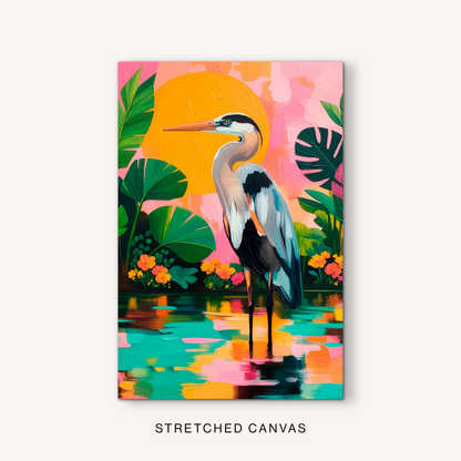 Blue heron canvas wall art with bold tropical botanicals in pink, orange, green and turquoise