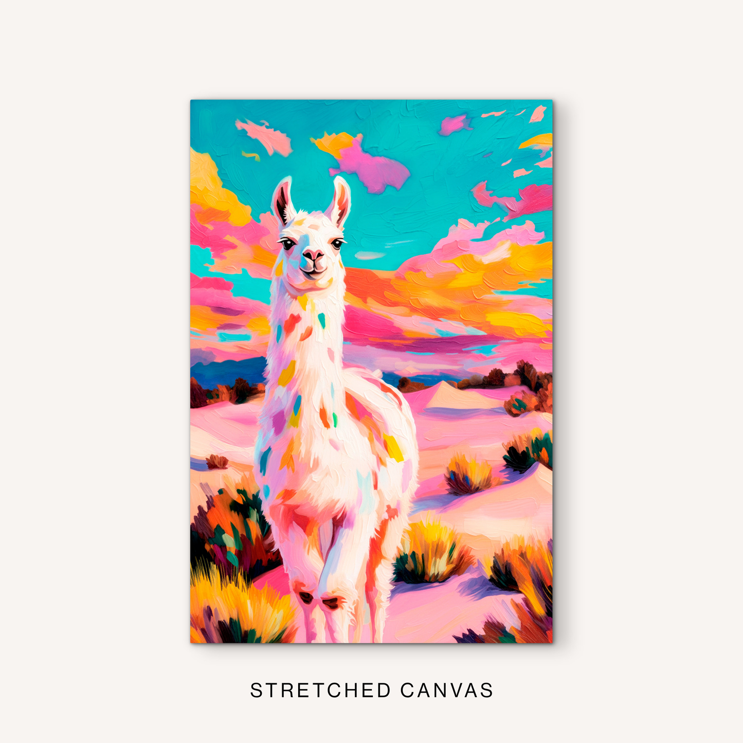 Boho llama canvas art with colorful western animal style, pink desert tones, bright clouds, and southwest ranch decor energy.