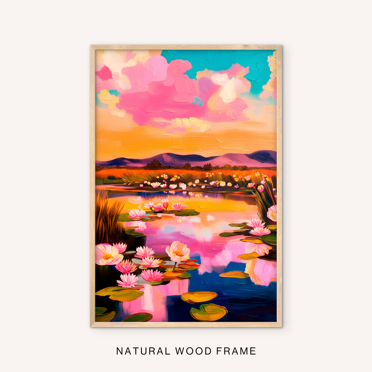 Boho nature wall art in a natural wood frame with pink water lilies, colorful sunset water, mountain scenery, and peaceful pond landscape.