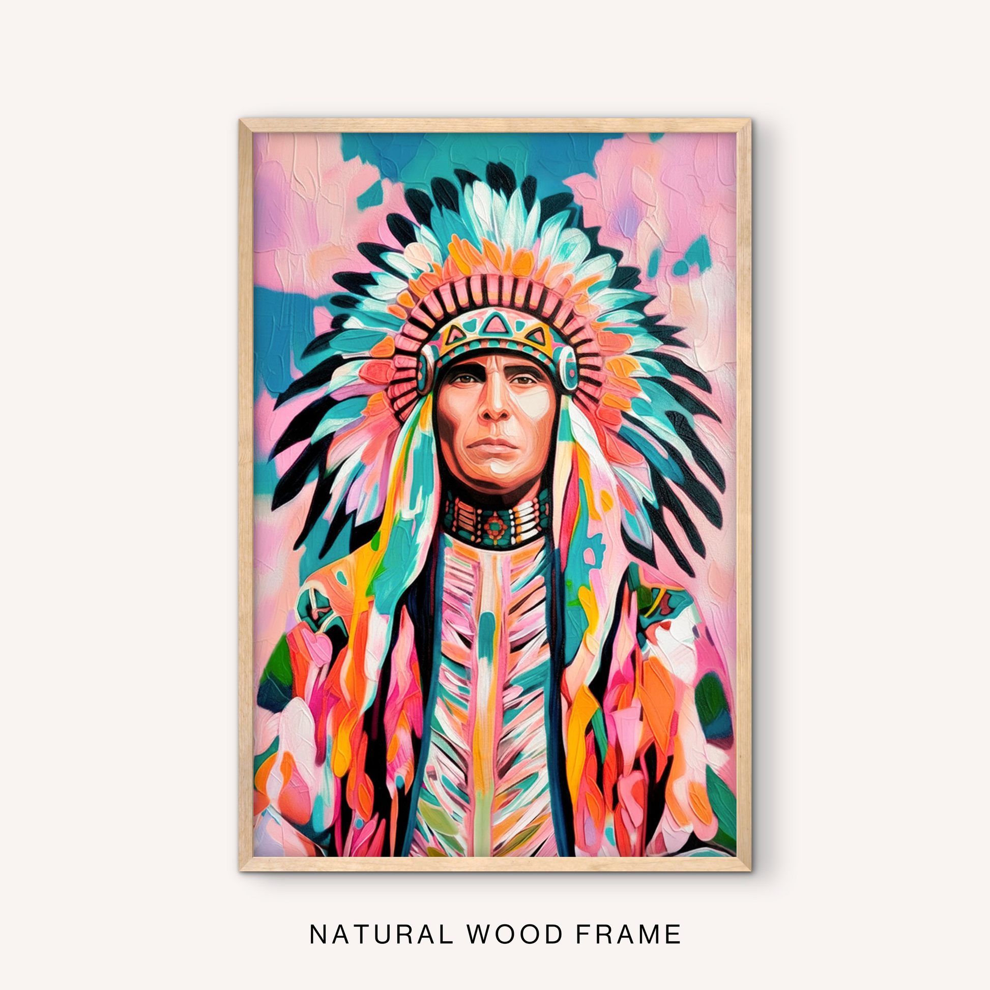 Boho southwest wall art in a natural wood frame with a colorful portrait, feather headdress details, pink background, and turquoise western accents.