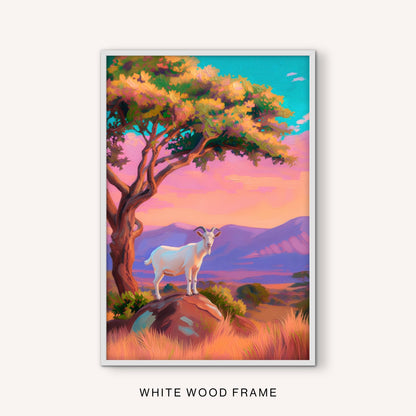Boho western goat art displayed in a white wood frame with a colorful southwestern mountain landscape