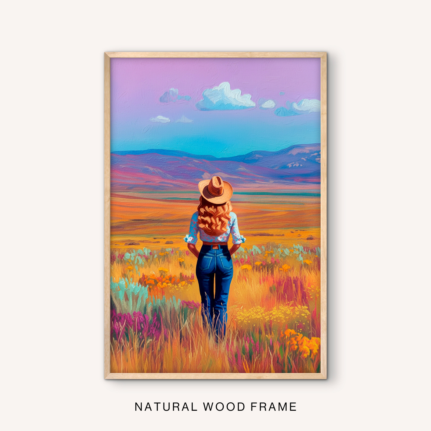 Boho western meadow wall art in a natural wood frame with a cowgirl figure, colorful wildflowers, golden prairie grass, and mountain scenery.