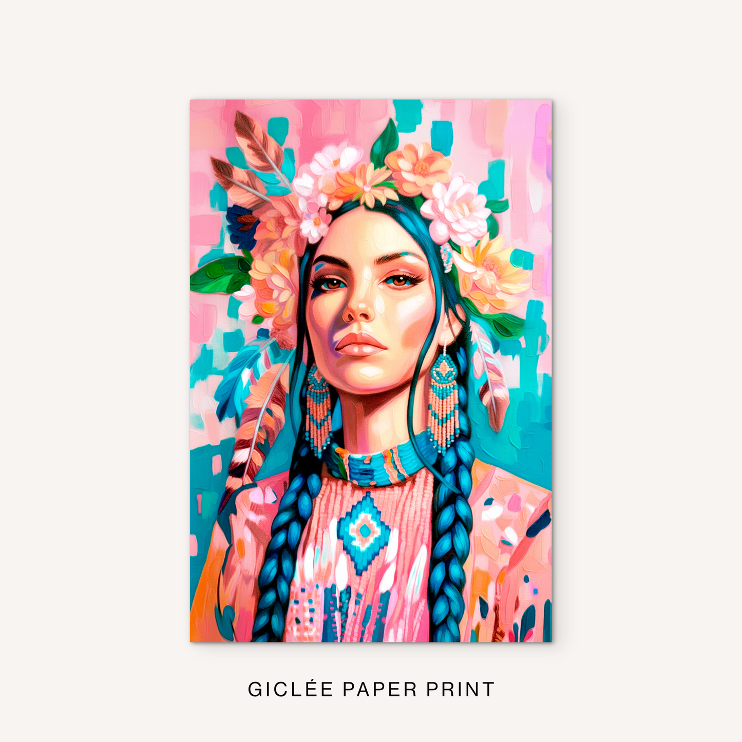 Boho western portrait giclée print featuring a colorful woman with flowers, feathers, turquoise jewelry, and bright southwest-inspired details.