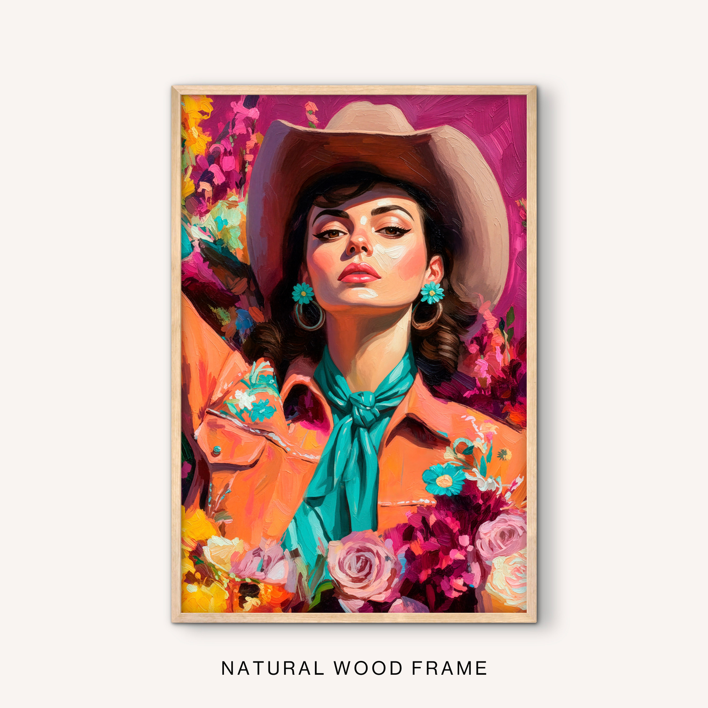 Boho western wall art in a natural wood frame with a floral cowgirl portrait, bright pink background, turquoise scarf, and feminine ranch decor style.