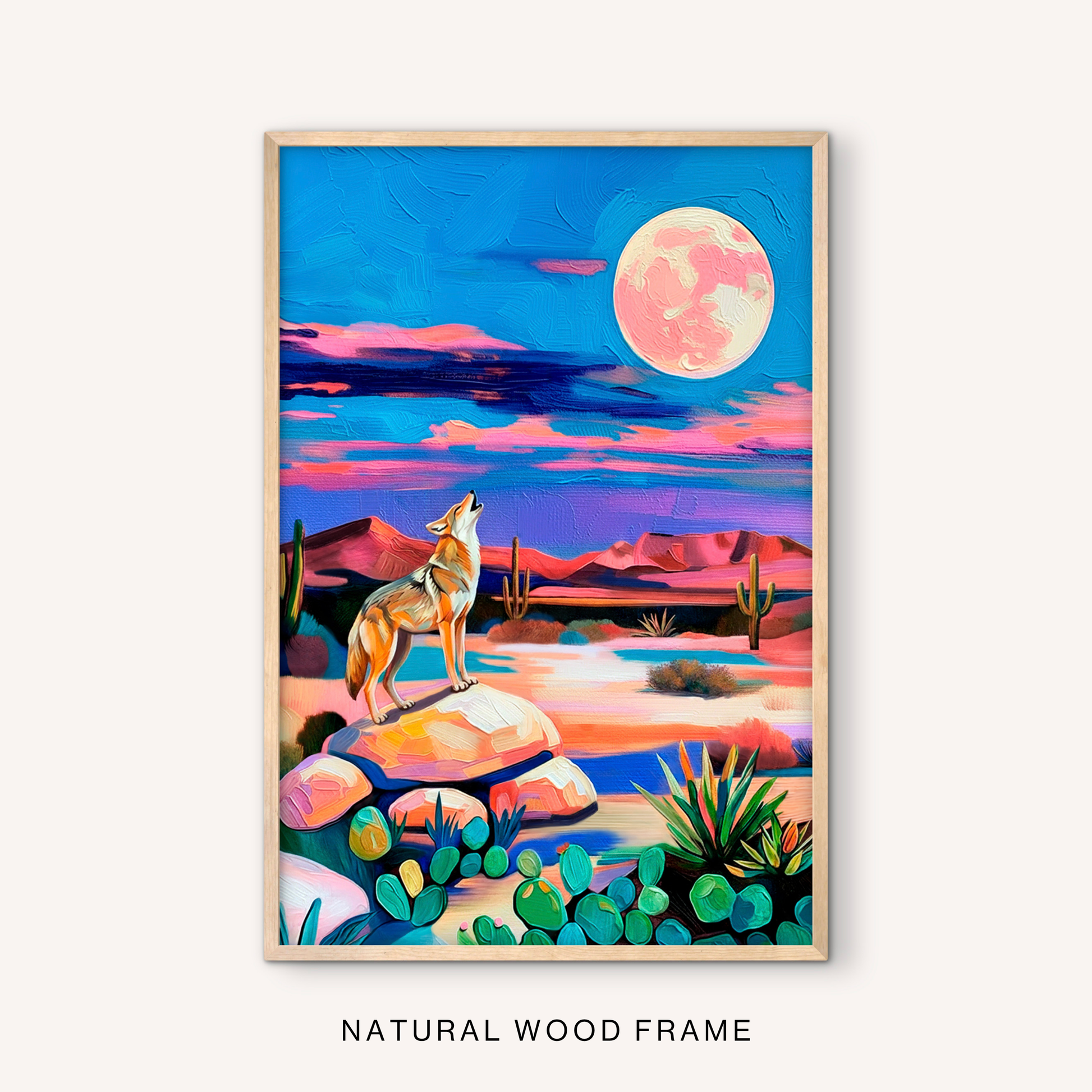 Boho western wildlife wall art in a natural wood frame with a howling coyote, full moon, colorful desert landscape, and southwest cactus scenery.