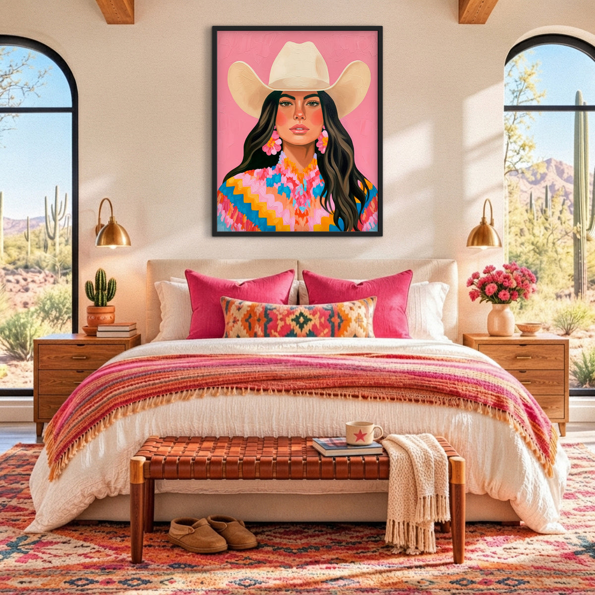 Framed western woman portrait above a bed styled with pink pillows, colorful southwestern textiles, natural wood furniture, and desert views.