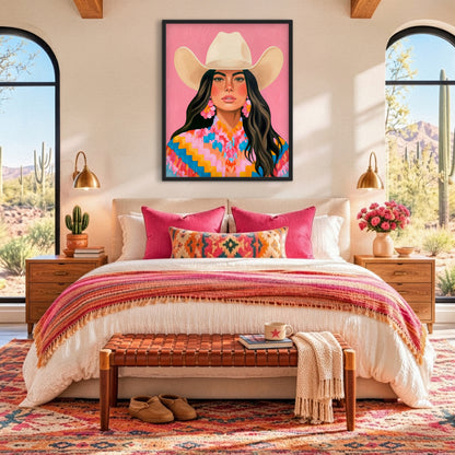 Framed western woman portrait above a bed styled with pink pillows, colorful southwestern textiles, natural wood furniture, and desert views.